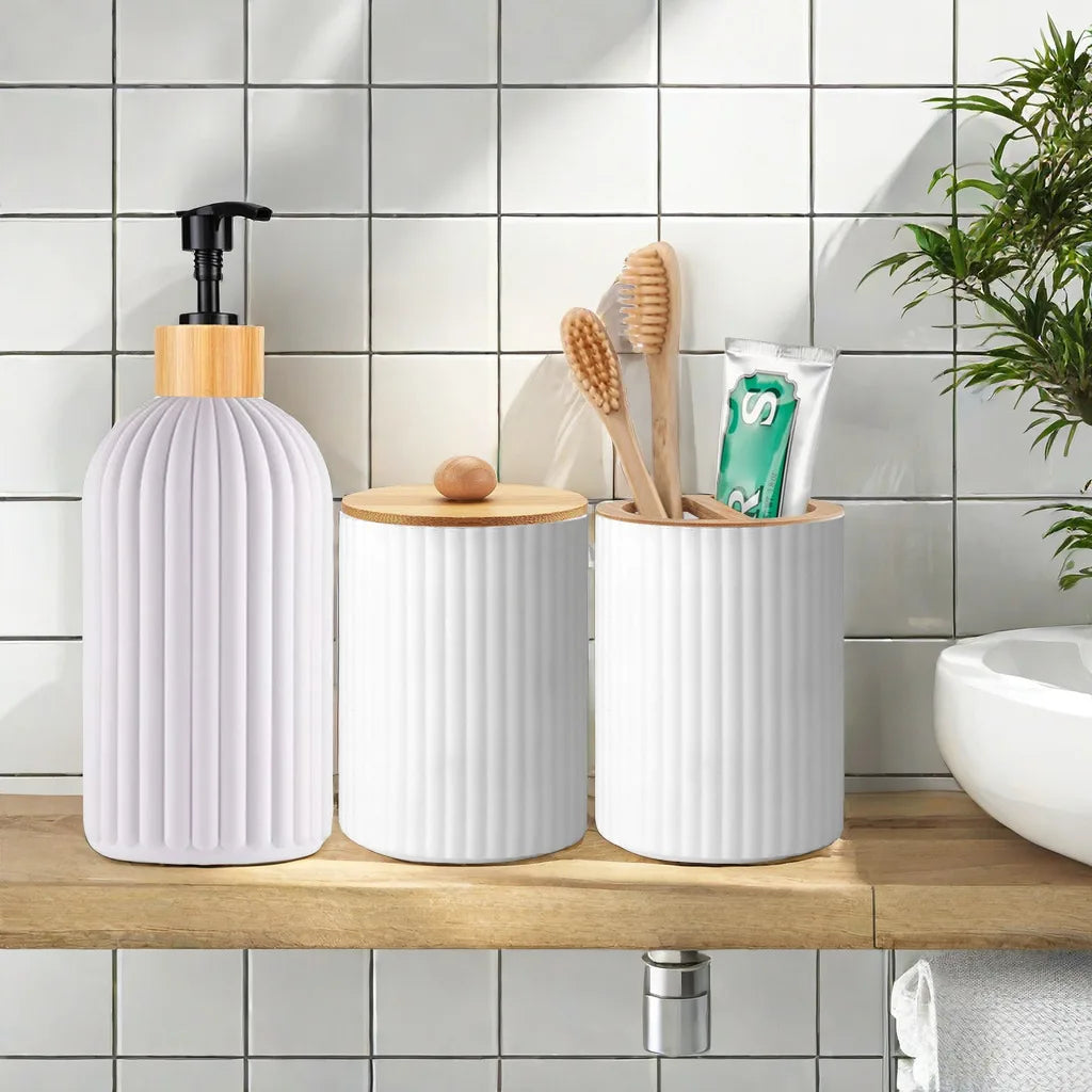 Dispensador de jabón de manos para encimera de baño, caja de almacenamiento de bolas de algodón, porta cepillos de dientes, organizador de decoración para el hogar